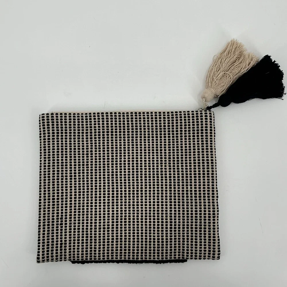 Navy and Cream Bohemian Geometric Patterned Clutch with tassel